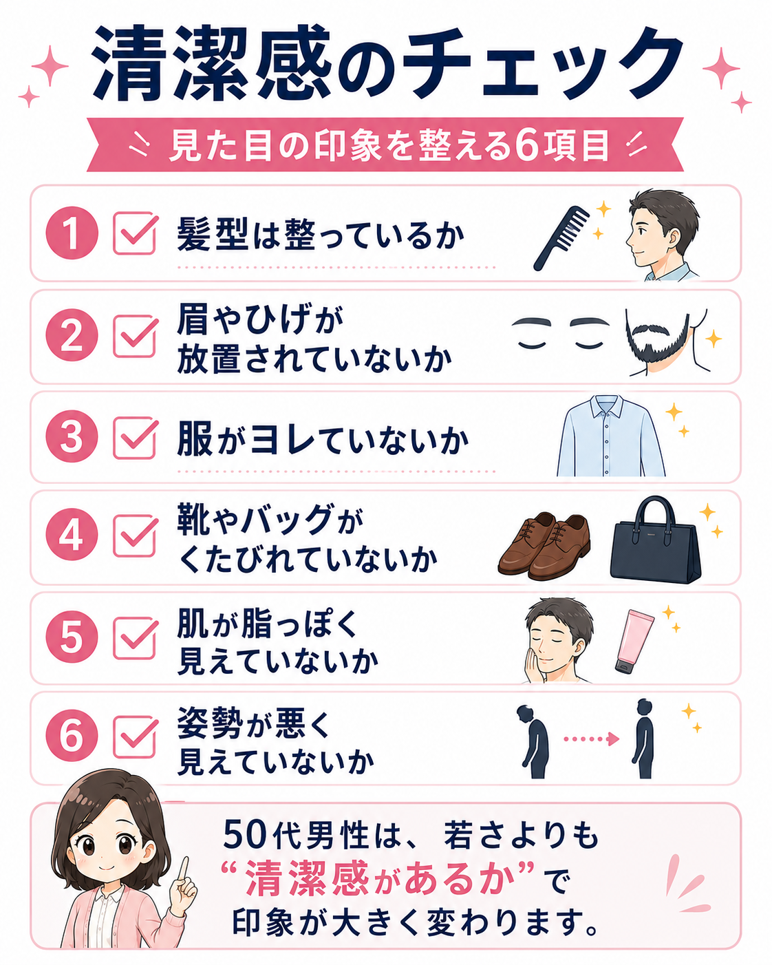 50代男性向け清潔感のチェック項目をまとめたインフォグラフィック