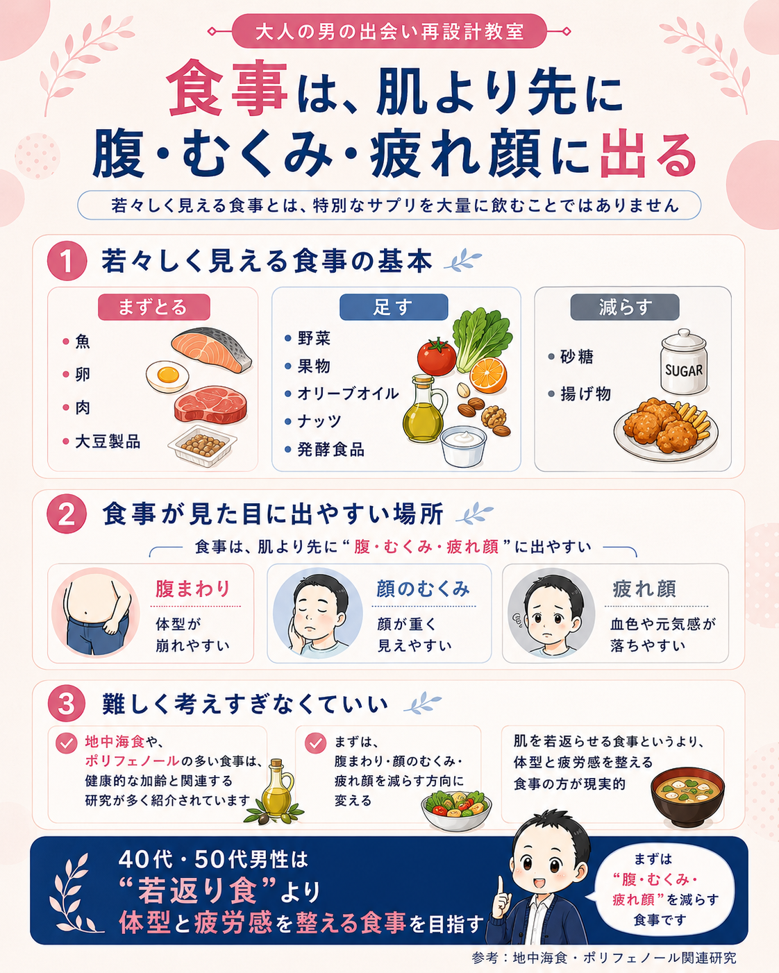 食事が腹まわり、むくみ、疲れ顔に与える影響と、若々しく見える食事のポイントを整理したインフォグラフィック