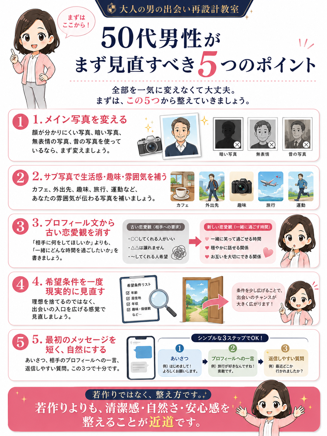 50代男性がまず見直すべき5つのポイントをまとめたインフォグラフィック