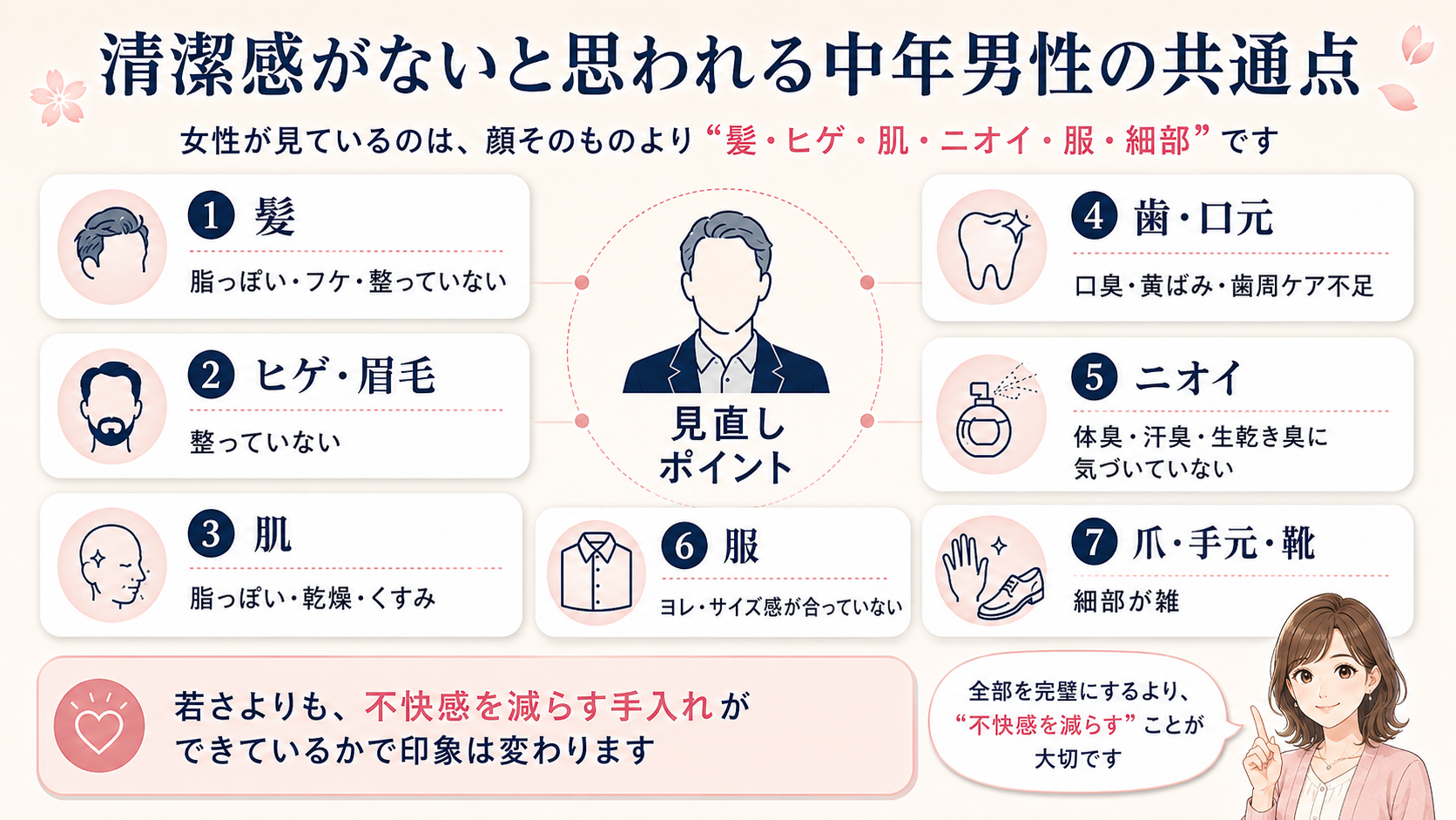 清潔感がないと思われる中年男性の共通点として、髪・ヒゲ・肌・口臭・体臭・服・爪の注意点を整理した図解