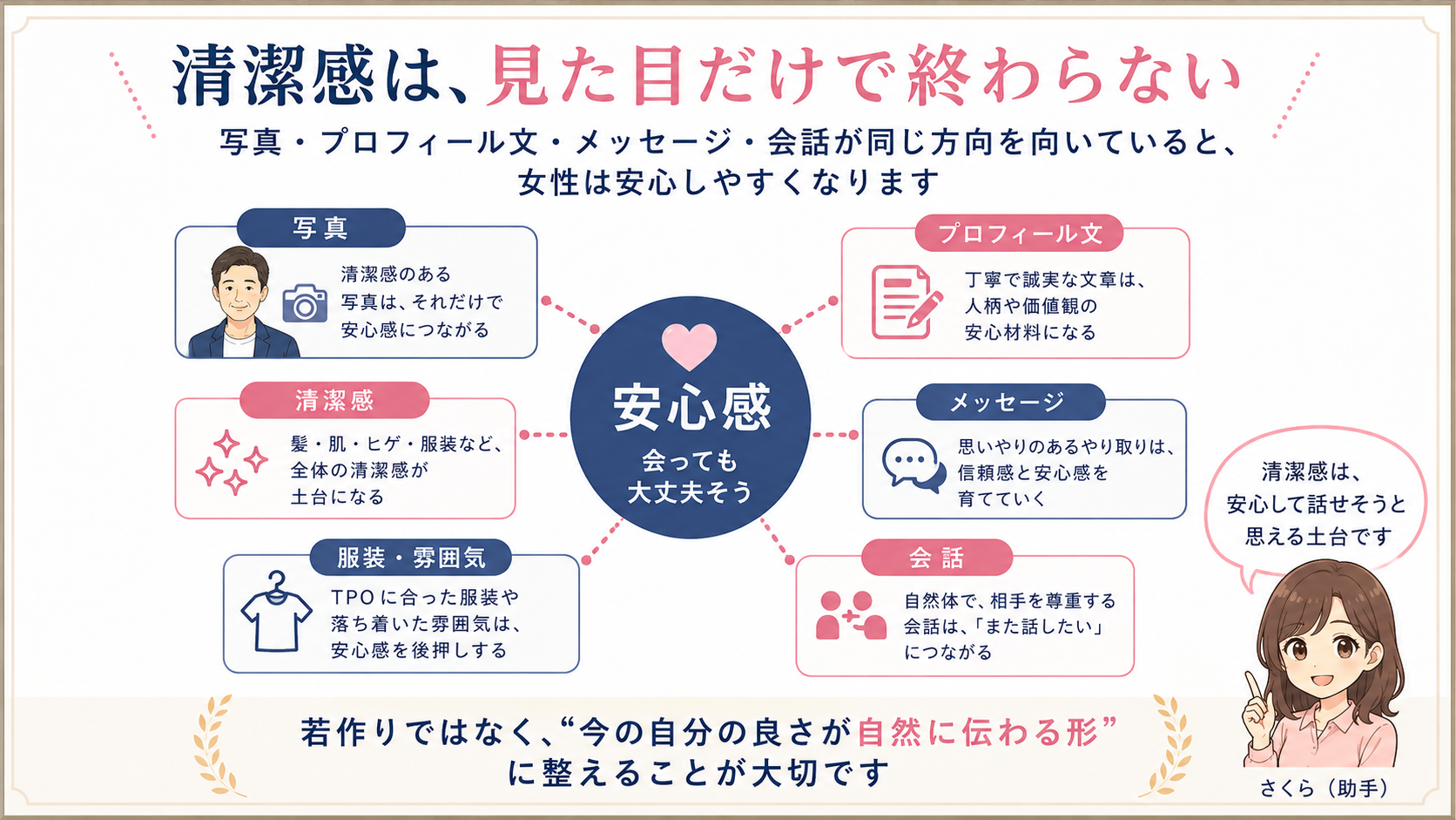 清潔感が写真・プロフィール文・メッセージ・会話とつながって女性の安心感を作ることを示した図解