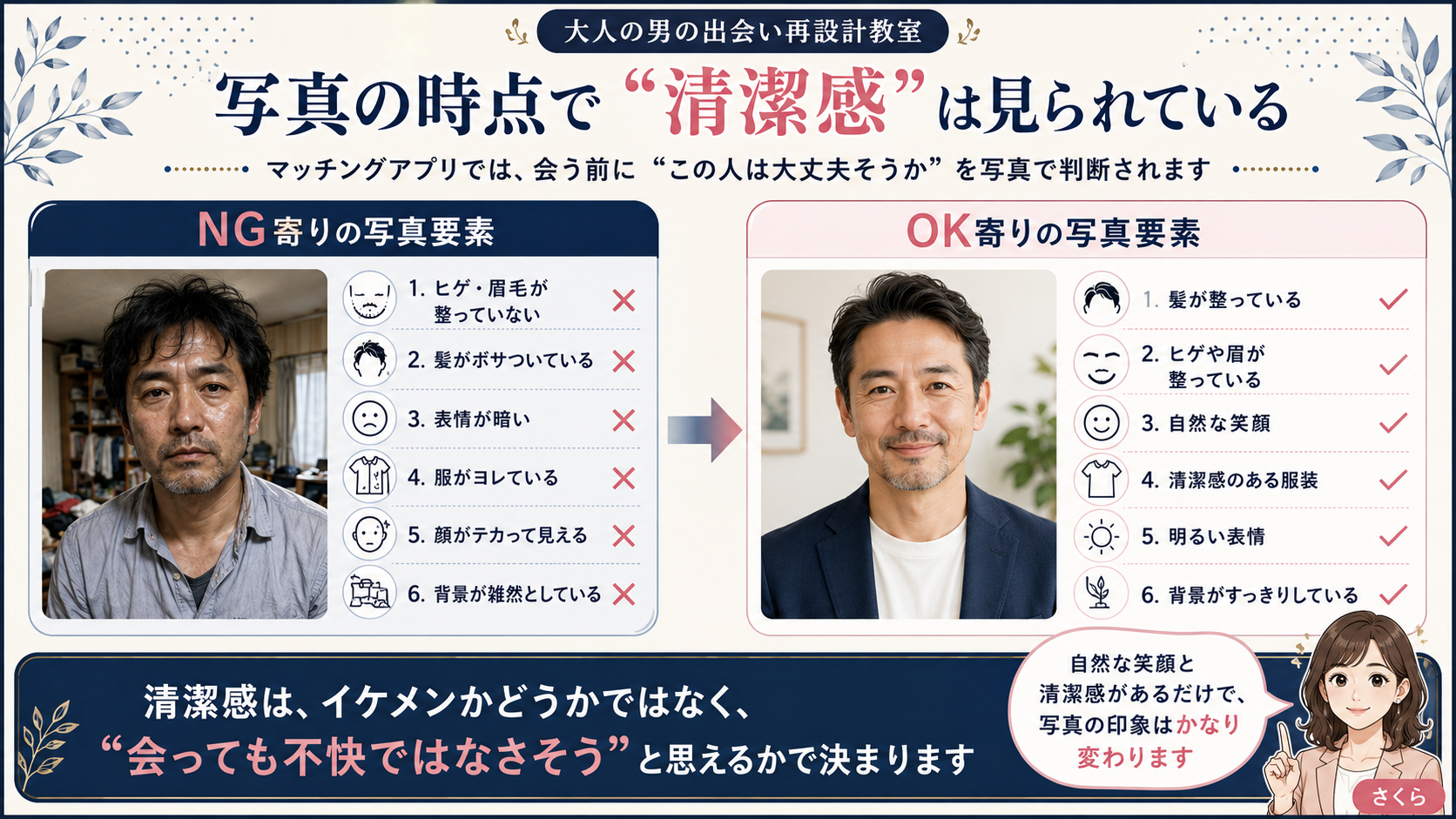 マッチングアプリ写真で清潔感がないと見られやすいNG要素と、好印象につながる要素を比較した図解