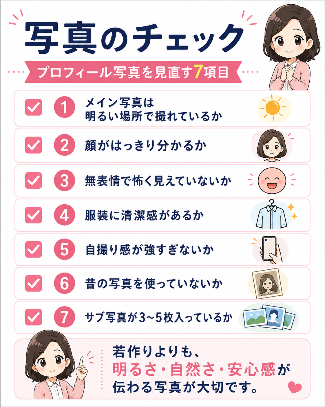 50代男性向けプロフィール写真のチェック項目をまとめたインフォグラフィック