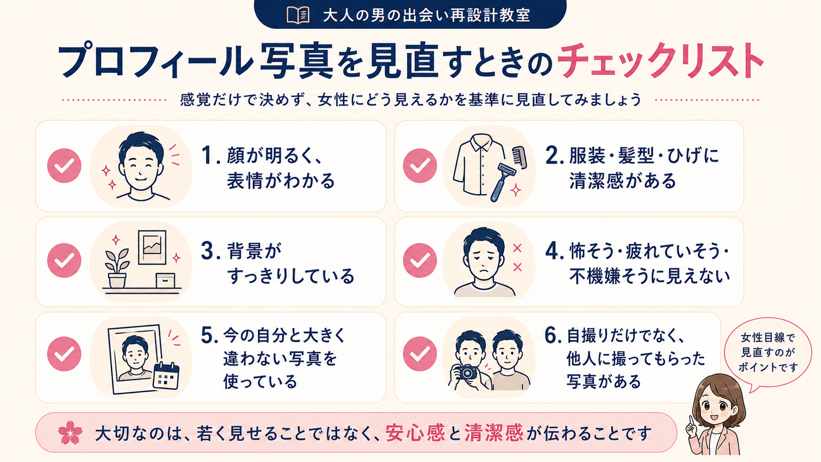 プロフィール写真を見直すときのチェックリストを、顔の明るさ、清潔感、背景、表情、現在の自分との一致、他人撮影の6項目で整理した図解
