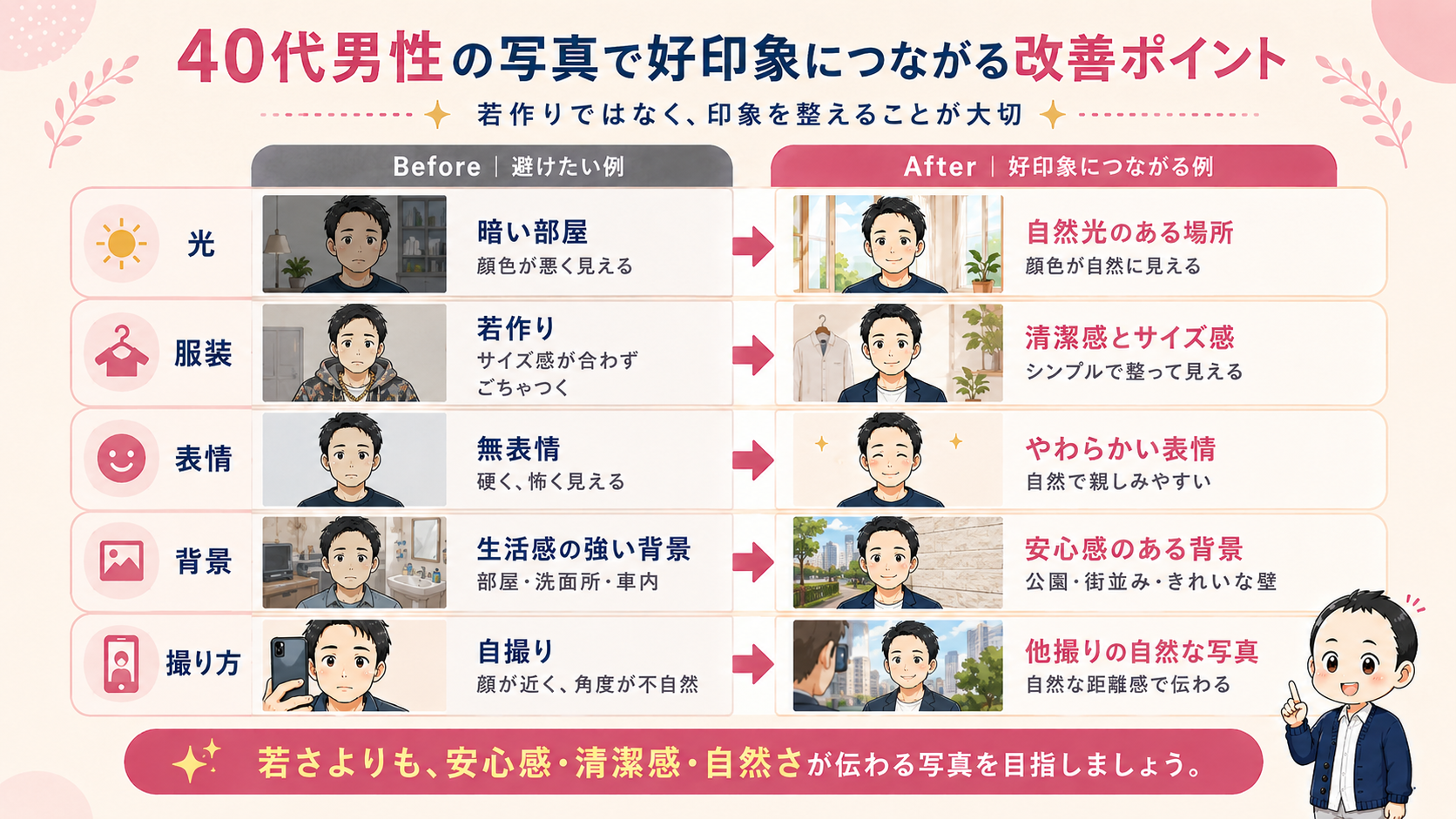 40代男性の写真で好印象につながる改善ポイントをビフォーアフターで比較した図解