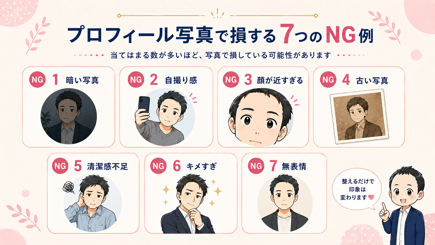 プロフィール写真で損する7つのNG例をまとめた図解