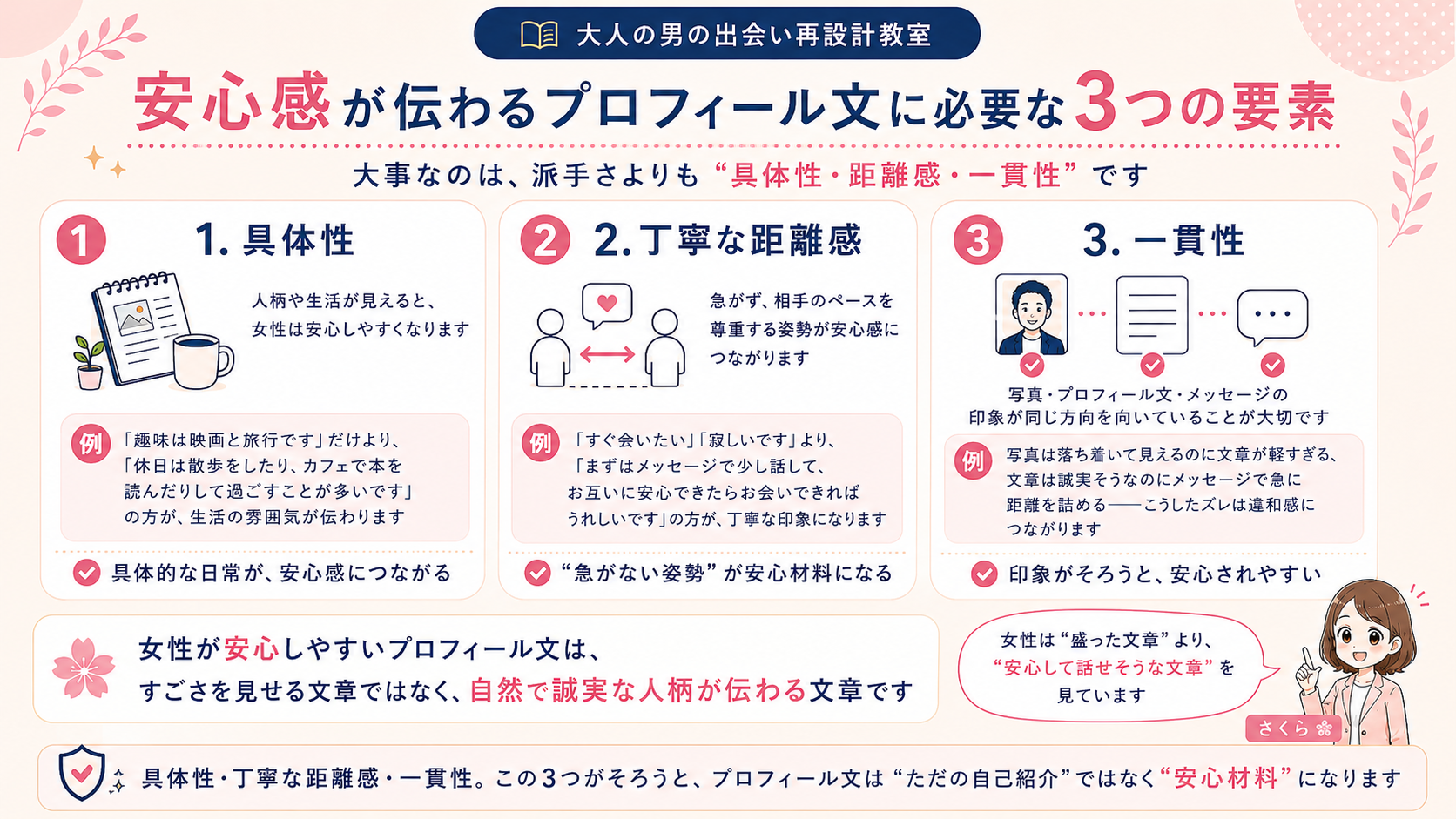安心感が伝わるプロフィール文に必要な3つの要素として、具体性・丁寧な距離感・一貫性を整理した図解
