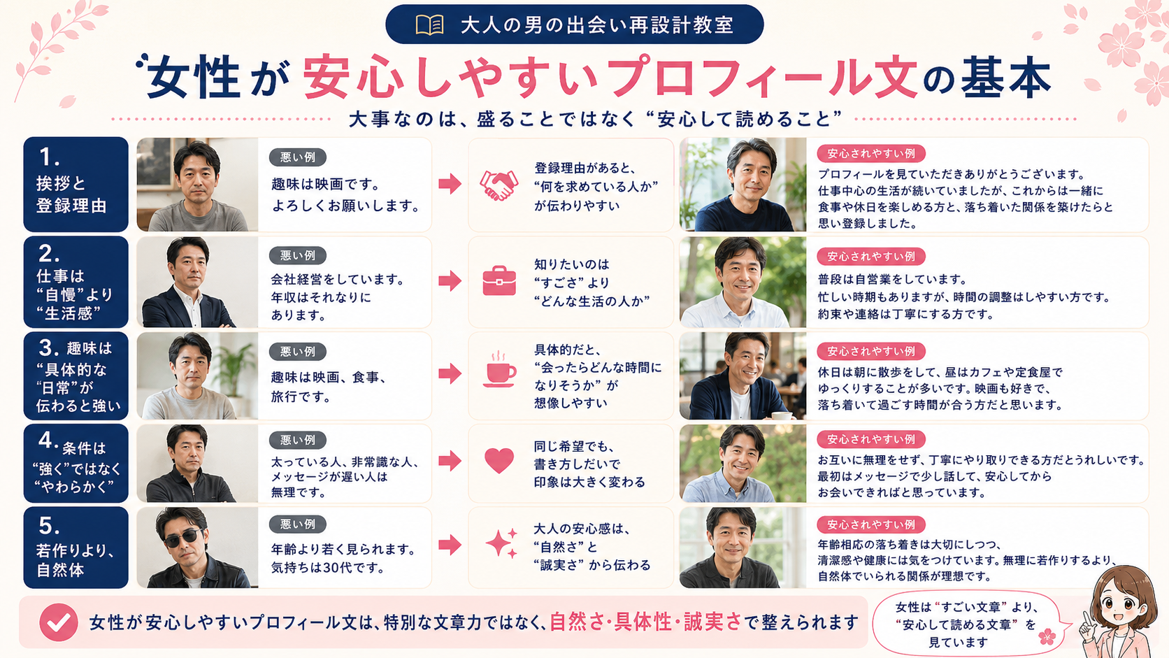 女性が安心しやすいプロフィール文の基本として、挨拶と登録理由、仕事の書き方、趣味の書き方、相手への希望、若作りしないことを実例で比較した図解