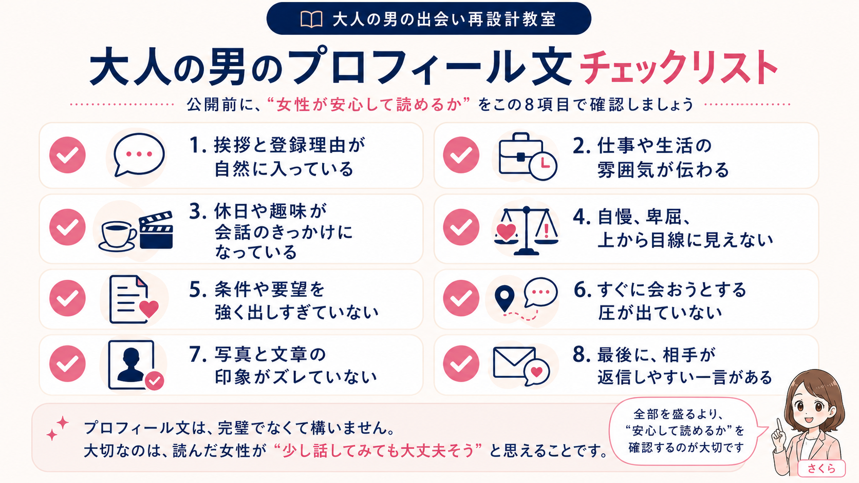大人の男のプロフィール文チェックリストとして、挨拶、仕事、趣味、距離感、一貫性など公開前に確認したい8項目を整理した図解