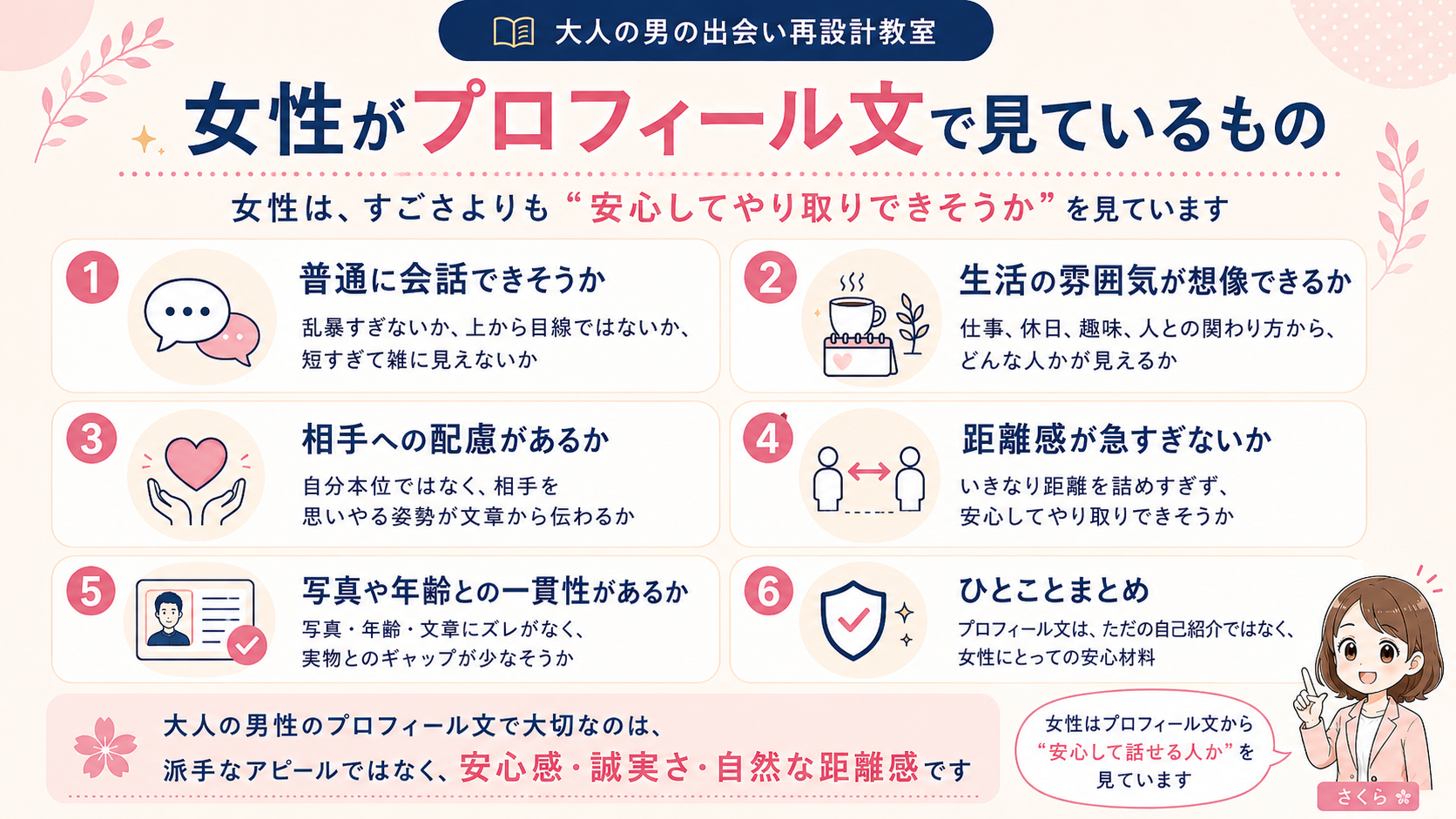 女性がプロフィール文で見ている5つのポイント。会話できそうか、生活の雰囲気、配慮、距離感、写真や年齢との一貫性を整理した図解