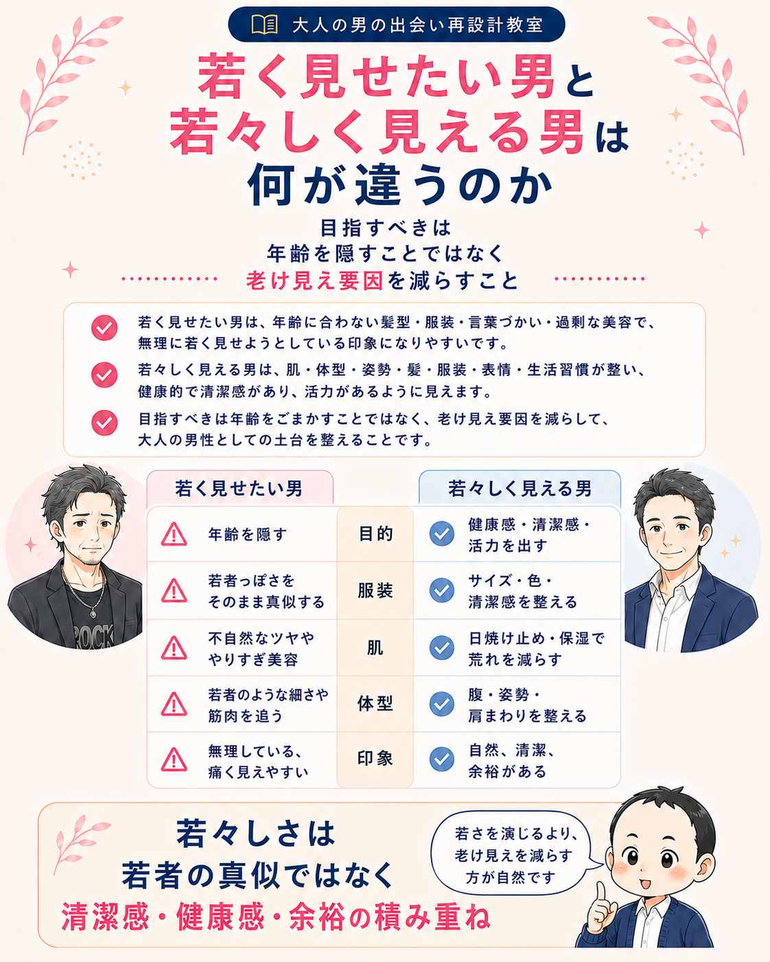 若く見せたい男と若々しく見える男の違いを比較したインフォグラフィック